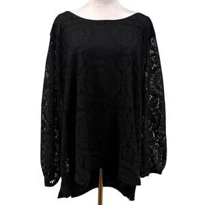 Black Lace Whimsigoth Tunic Top Criss Cross Back Sheer Sleeve 2X Boho Flowy